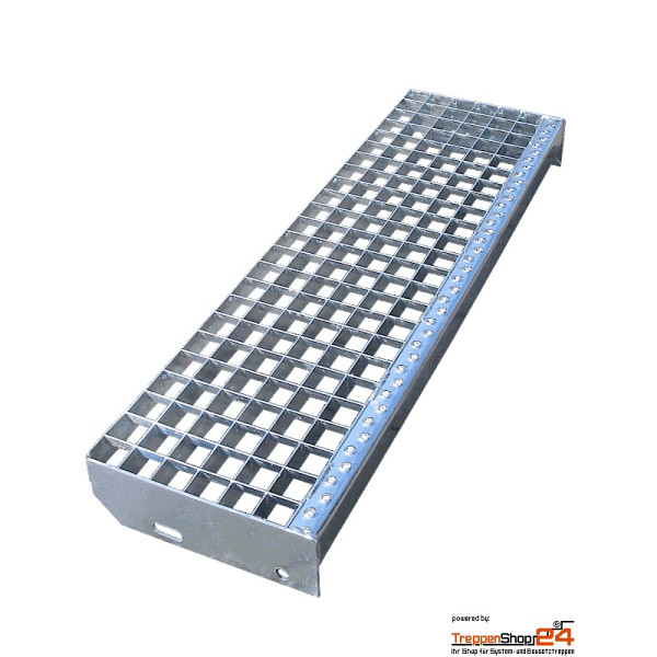 Gitterroststufe 600 x 240 mm, MW 30/30 mm mit Sicherheitsantrittskante, feuerverzinkt nach DIN EN ISO 1461, mit seitlichen Anschraublaschen, Bohrbild nach DIN 24531.