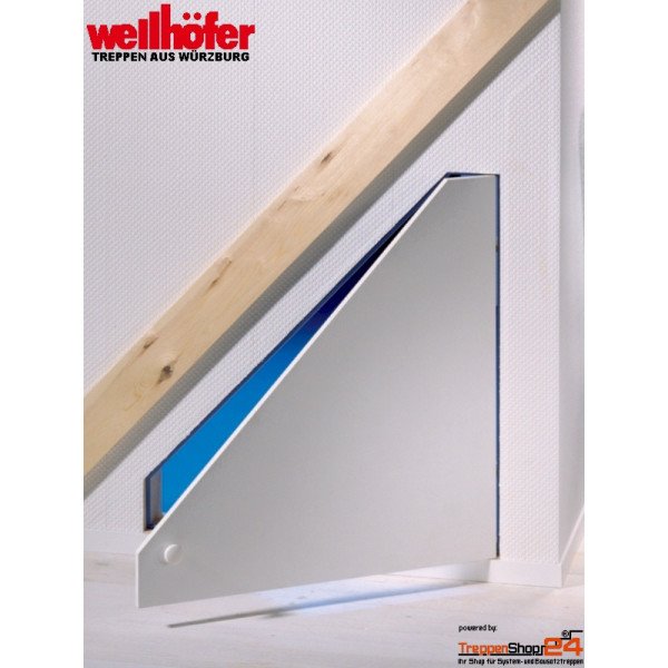 Kniestocktür in Maßanfertigung abgeschrägt 5-eckig, Maßanfertigung von B30-70 x H50-160 cm, Rahmentiefe 10 cm, Tür weiß beschichtet, inkl. Deckleisten.