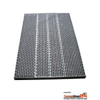 Sicherheitsroste 500 x 500 x 32 mm aus 2 mm Stahlblech feuerverzinkt, Paneele zu Rosttafeln verschweißt, gesamte Oberfläche rutschhemmend R13, mit Randeinfassung aus Flachstahl 30x3 mm. Andere Größen gegen Mehrpreis.