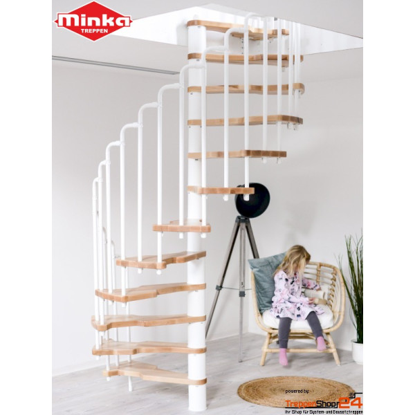 Sparspindeltreppe Metallica Ø 130 cm mit 13 Steigungen, 12 Sparstufen (wechselseitig begehbar) aus Buche 30 mm stark versiegelt, Geschosshöhe bis 300 cm, inkl. einseitigem Geländer aus Metallbügeln, Metallteile pulverbeschichtet grau, schwarz oder weiß