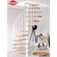 Sparspindeltreppe Metallica Ø 130 cm mit 13 Steigungen, 12 Sparstufen (wechselseitig begehbar) aus Buche 30 mm stark versiegelt, Geschosshöhe bis 300 cm, inkl. einseitigem Geländer aus Metallbügeln, Metallteile pulverbeschichtet grau, schwarz oder weiß