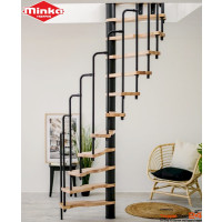 Sparspindeltreppe Raumspartreppe Suno Ø 140 cm mit 13 Steigungen, 12 Sparstufen (wechselseitig begehbar) aus Buche 35 mm versiegelt, Geschosshöhe bis 305,5 cm, inkl. Geländer aus Metallbügeln, Metallteile pulverbeschichtet grau, schwarz oder weiß.