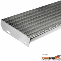 Gitterroststufe 600 x 270 mm, MW 30/10 mm mit Sicherheitsantrittskante. Die Gitterroststufen feuerverzinkt nach DIN EN ISO 1461 mit seitlichen Anschraublaschen, Bohrbild nach DIN 24531. Andere Größen gegen Mehrpreis erhältlich.