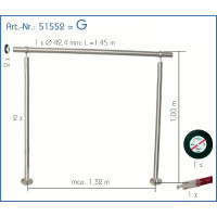 Edelstahlgeländer Erfurt, Grundmodul mit für 1,45 m, best. aus: Handlauf Ø 42,4 mm, 2 Pfosten, 2 Endkappen, 1 Trennscheibe, 1 Kleber