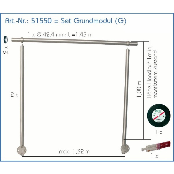 Edelstahlgeländer Erfurt, Grundmodul vorgesetzt mit für 1,45 m, best. aus: Handlauf Ø 42,4 mm, 2 Pfosten, 2 Endkappen, 1 Trennscheibe, 1 Kleber