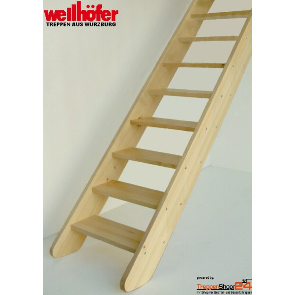 Raumspartreppe MidStep mit 14 Steigungen (13 Stufen), ohne Geländer, Geschosshöhe 250-285 cm, mit gewinkelten (wechselseitig begehbaren) oder vollen Trittstufen, Treppenbreite 54 oder 64 cm, Holzart: Kiefer versiegelt, Raumspartreppe MidStep