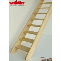 Raumspartreppe MidStep mit 14 Steigungen (13 Stufen), ohne Geländer, Geschosshöhe 250-285 cm, mit gewinkelten (wechselseitig begehbaren) oder vollen Trittstufen, Treppenbreite 54 oder 64 cm, Holzart: Kiefer versiegelt, Raumspartreppe MidStep