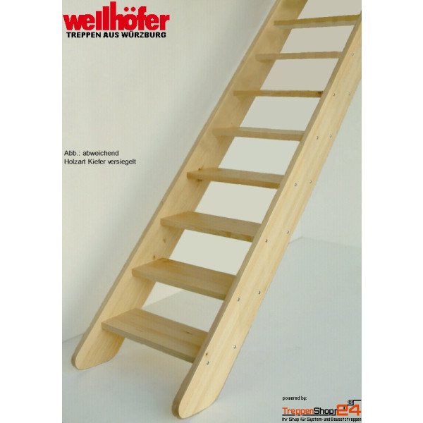 Raumspartreppe MidStep mit 14 Steigungen (13 Stufen), ohne Geländer, Geschosshöhe 250-285 cm, mit gewinkelten (wechselseitig begehbaren) oder vollen Trittstufen, Treppenbreite 54 oder 64 cm, Holzart: Kiefer versiegelt, Raumspartreppe MidStep