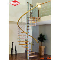 Spindeltreppe Venezia Ø 120 cm, 13 Steigungen (12 Stufen + Podest) für Höhe 242 - 309 cm, Buchenstufen versiegelt, inkl. Relinggeländer, Metallteile pulverbeschichtet silber.