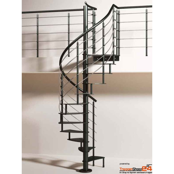 Spindeltreppe Ciclamino Curve Ø 100 cm, 12 Steigungen (10 Stufen + Podest) Geschosshöhen 216-258 cm, Stahlblechstufen 10 mm, inkl. Geländer, Metallteile pulverbeschichtet.