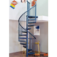 Spindeltreppe Rondo Color Ø 140 cm mit 13 Steigungen (12 Stufen + Podest) Riiffelblechstufen, für Höhe 269-300 cm, inkl. Geländer, Stahlteile pulverbeschichtet anthrazit.