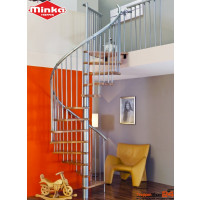 Spindeltreppe Spiral Effect Ø 140 cm, 13 Steigungen (12 Stufen + Podest) für Höhe 242-309 cm, Eichenstufen versiegelt, inkl. Geländer, Metallteile pulverbeschichtet schwarz.