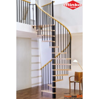 Spindeltreppe Spiral Wood Black Ø 160 cm, 13 Steigungen (12 Stufen + Podest) für Höhe 242-309 cm, Buchenstufen versiegelt, inkl. Geländer + Holzhandlauf, Metallteile pulverbeschichtet schwarz.