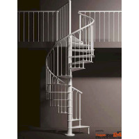 Spindeltreppe Violetta Ø 110 cm, 12 Steigungen (11 Stufen + Standardpodest), Geschosshöhe 216 - 258 cm, Stahlblechstufen 10 mm geschlietzt, inkl. Geländer mit senkrechten Stäben Ø 10 mm, Zwischenpfosten Ø 30 mm + Stahlhandlauf ca. Ø 40 mm. Alle Stahlteile pulverbeschichtet.