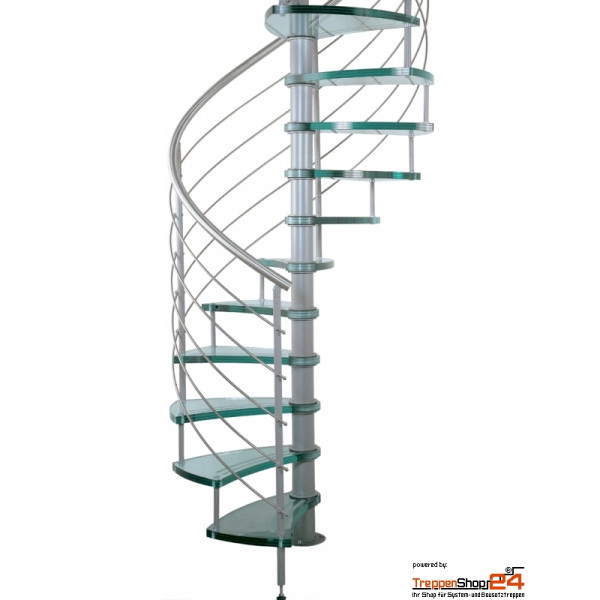 Spindeltreppe Orchidea Curve Ø 130 cm, 12 Steigungen (11 Stufen + Podest), für Höhe 216 - 270 cm, Glasstufen 30 mm VSG (10+10+10 mm), inkl. Relinggeländer.