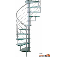 Spindeltreppe Orchidea Curve Ø 140 cm, 12 Steigungen (11 Stufen + Podest), für Höhe 216 - 270 cm, Glasstufen 30 mm VSG (10+10+10 mm), inkl. Relinggeländer.