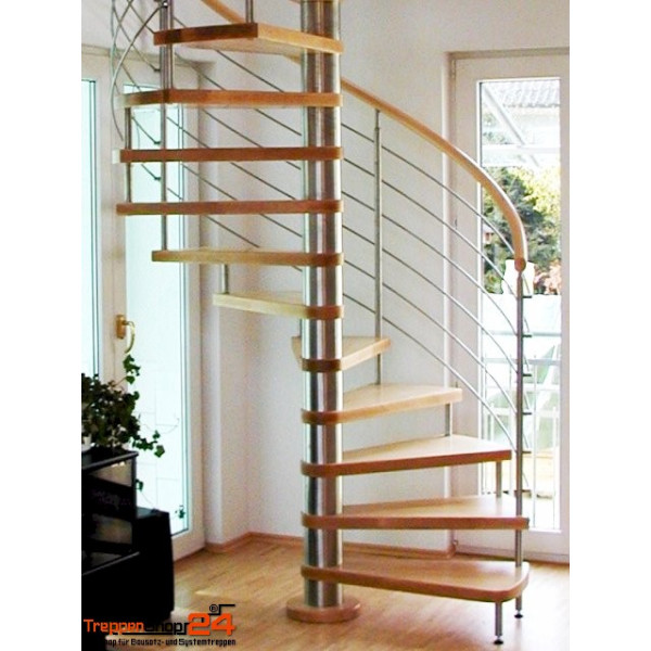 Spindeltreppe Ninfea Ø 160 cm, 12 Stgeigungen (11 Stufen + Podest) für Höhe 216 - 258 cm, Buchenstufen, Relinggeländer mit Holzhandlauf.