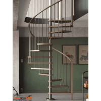 Spindeltreppe Margherita Ø 130 cm, 12 Steigungen (11 Stufen + Podest) Buchenstufen, inkl. Geländer mit massivem Holzhandlauf und senkrechten Metallstäben.