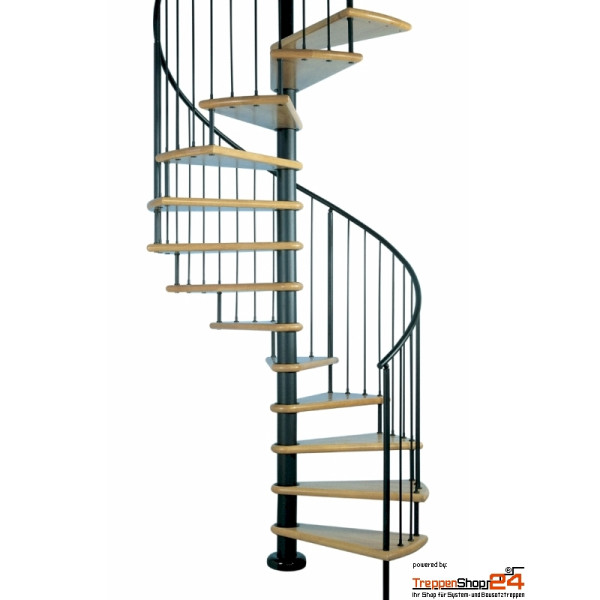 Spindeltreppe Mandorlo Ø 110 cm, 12 Steigungen (11 Stufen + Podest) für Höhe 216 - 258 cm, Buchenstufen, inkl. Geländer. Alle Metallteile pulverbeschichtet.