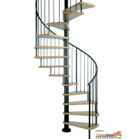 Spindeltreppe Mandorlo Ø 120 cm, 12 Steigungen (11 Stufen + Podest) für Höhe 216 - 258 cm, Buchenstufen, inkl. Geländer. Alle Metallteile pulverbeschichtet.