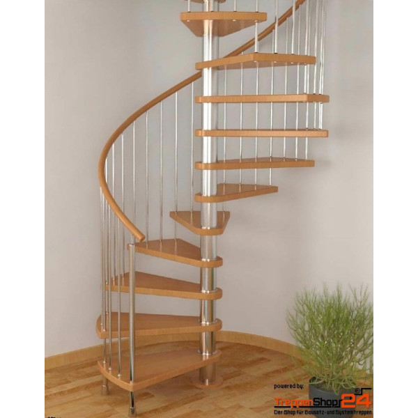 Spindeltreppe Magnolia Ø 130 cm, 12 Steigungen (11 Stufen + Podest) Buchenstufen, für Höhe 216 - 258 cm, inkl. Geländer mit Holzhandlauf Ø 50 mm.