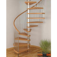 Spindeltreppe Magnolia Ø 200 cm, 12 Steigungen (11 Stufen + Podest) Buchenstufen, für Höhe 216 - 258 cm, inkl. Geländer mit Holzhandlauf Ø 50 mm.