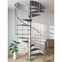Spindeltreppe Violetta Inox Ø 160 cm, 12 Steigungen (11 Stufen + Standardpodest), Geschosshöhe 240 - 258 cm, Stahlblechstufen 10 mm geschlitzt pulverbeschichtet, inkl. Edelstahlgeländer mit Handlauf Ø 42,4 mm und senkrechten Geländerstäben Ø 10 mm.