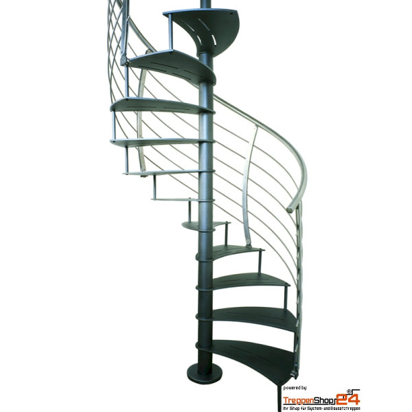 Spindeltreppe Ciclamino K Inox Curve Ø 110 cm, 12 Steigungen (11 Stufen + Standardpodest), Geschosshöhe 216 - 258 cm, Stahlblechstufen 10 mm geschlietzt, inkl. Edelstahlgeländer 5 Untergurte und Handlauf Ø 42,4 mm.