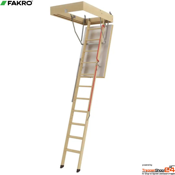 Bodentreppe LWL Extra, Deckenöffnung 130 x 70 cm, berechneter U-Wert 0,74 W/(m²K), 56 mm Sandwichdeckel beidseitig weiß beschichtet, 2 umlaufende Dichtungen, mit 3-teiliger Holzleiter inkl. Handlauf, Bodenschutzkappen für Raumhöhen bis 305 cm.