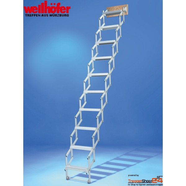 Wellhöfer Scherentreppe mit Stirnbrett und 12 Stufen für eine lichte Raumhöhe von 297 - 320 cm, für kleine Deckenöffnungen ab 80 x 50 cm.