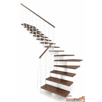 Mittelholmtreppe Vectors 70, 1/4 gewendelt mit 11 Stg. (10 Stufen) aus Buche versiegelt, Geschoßhöhe von 200,5 - 255,5 cm, inkl. eins. Relinggeländer mit 7 mitlaufenden Edelstahlseilen und Holzhandlauf, Treppenbreite inkl. einseitigem Geländer 74 cm, Metallteile pulverbeschichtet weiß, grau oder schwarz.