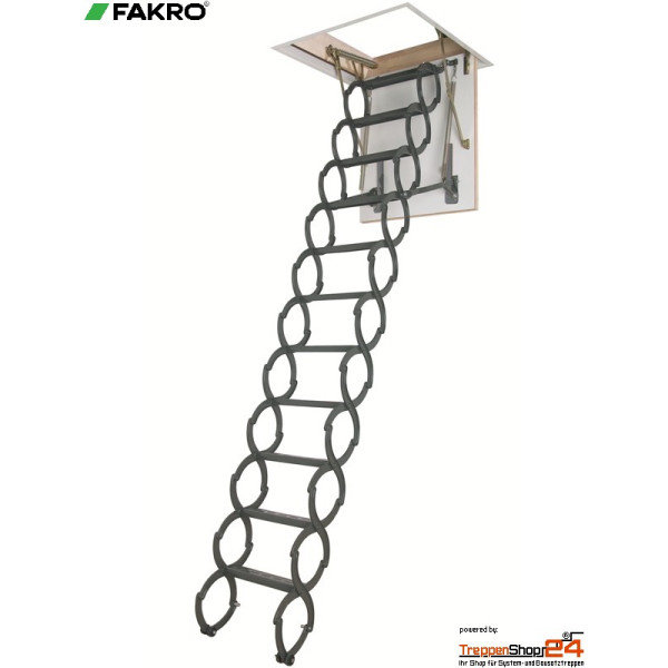 Scherentreppe LST 120x70 cm, Raumhöhe bis 280 cm, Futterkasten 18 cm hoch mit umlaufender Dichtung, Sandwichdeckel 36 mm (30 mm Styropor) mit beidseitig weißen HDF-Platten, geprüfter U-Wert 1,1 W/(m²K), mit Scherenleiter aus Metall.