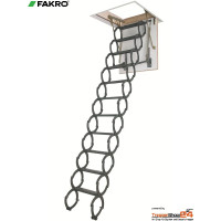 Scherentreppe LST 120x70 cm, Raumhöhe bis 280 cm, Futterkasten 18 cm hoch mit umlaufender Dichtung, Sandwichdeckel 36 mm (30 mm Styropor) mit beidseitig weißen HDF-Platten, geprüfter U-Wert 1,1 W/(m²K), mit Scherenleiter aus Metall.