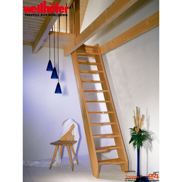 Raumspartreppe TopStep aus Buche versiegelt mit geschwungenen (wechselseitig begehbaren) Stufen, ohne Geländer, Geschoßhöhe bis 285 cm, Treppenbreite 57 oder 67 cm, optional mit Geländer.