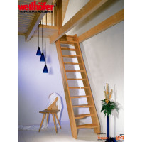 Raumspartreppe TopStep aus Buche versiegelt mit geschwungenen (wechselseitig begehbaren) Stufen, ohne Geländer, Geschoßhöhe bis 285 cm, Treppenbreite 57 oder 67 cm, optional mit Geländer.