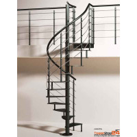 Spindeltreppe Ciclamino Curve Ø 120 cm, 12 Steigungen (10 Stufen + Podest) Geschosshöhen 216-258 cm, Stahlblechstufen 10 mm, inkl. Geländer, Metallteile pulverbeschichtet.