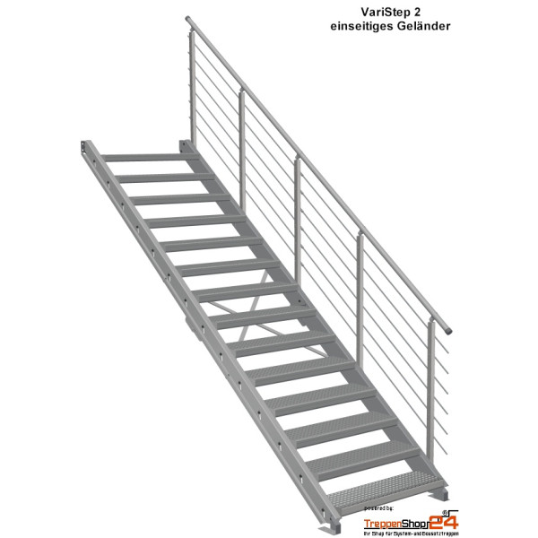 Stahlwangentreppe VariStep mit 14 Gitterroststufen 80x27cm MW30/30 verzinkt für Geschoßhöhen von 253 - 351 cm, inkl. einseitigem Geländer, erweiterbar für Höhen bis 580 cm.