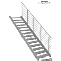 Stahlwangentreppe VariStep mit 14 Gitterroststufen 80x27cm MW30/30 verzinkt für Geschoßhöhen von 253 - 351 cm, inkl. einseitigem Geländer, erweiterbar für Höhen bis 580 cm.