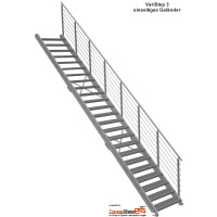 Stahlwangentreppe VariStep mit 24 Gitterroststufen 80x27cm MW30/30 verzinkt für Höhen von 412 - 580 cm, inkl. einseitigem Geländer.