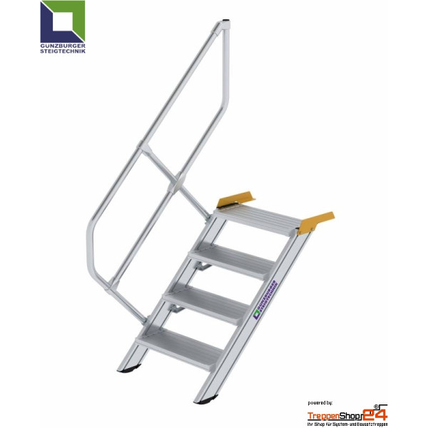 Aluminium Treppe 45° mit 4 Stufen für Höhe 75,5 bis 99,5 cm, inkl. einseitigem Geländer, Stufen (geriffelt) aus Aluminium, jede Treppe ist eine Maßanfertigung.