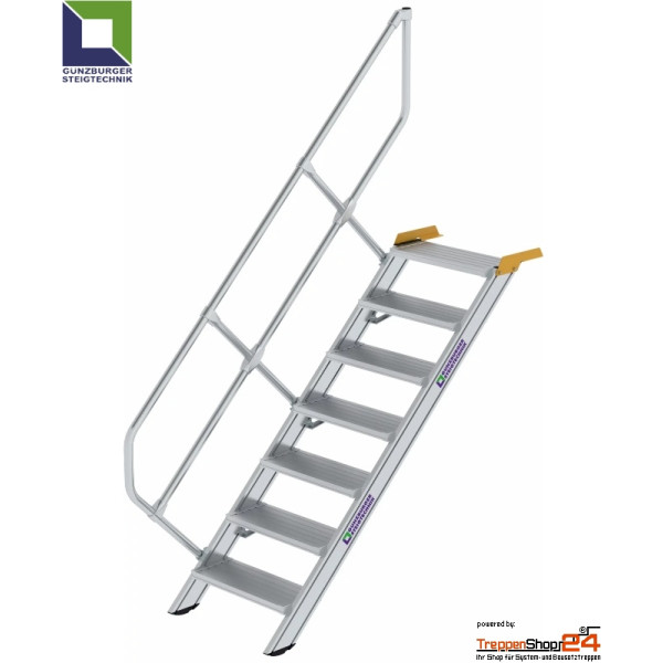 Aluminium Treppe 45° mit 7 Stufen für eine Höhe bis 146 cm, inkl. einseitigem Geländer, Stufen (geriffelt) aus Aluminium, jede Treppe ist eine Maßanfertigung.