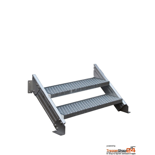 Außentreppe Alaska V3, 2 Gitterroststufen 80 x 27 cm / 3 Steigungen mit Aluminiumwangen 140 x 40 mm, ohne Geländer, für eine Geschosshöhe 54 - 60 cm. Gegen Mehrpreis erweiterbar und mit Geländer lieferbar.