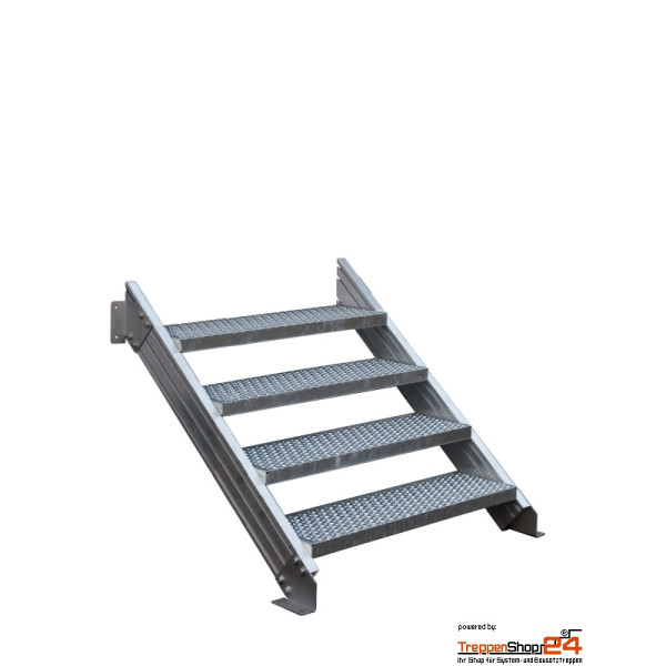Außentreppe Alaska V3, 4 Gitterroststufen 80 x 27 cm / 5 Steigungen mit Aluminiumwangen 140 x 40 mm, ohne Geländer, für eine Geschosshöhe 90 - 102 cm. Gegen Mehrpreis erweiterbar und mit Geländer lieferbar.