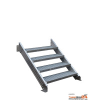 Außentreppe Alaska V3, 4 Gitterroststufen 80 x 27 cm / 5 Steigungen mit Aluminiumwangen 140 x 40 mm, ohne Geländer, für eine Geschosshöhe 90 - 102 cm. Gegen Mehrpreis erweiterbar und mit Geländer lieferbar.