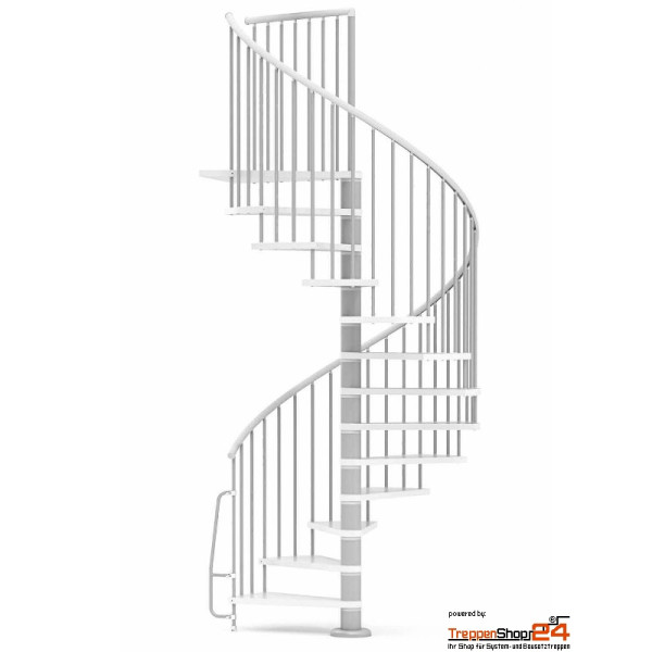Spindeltreppe Flow Ø 140 cm, 10 Steigungen (9 Stufen + Podest) für Höhe 210,5 - 233 cm, inkl. Geländer, Stufen aus MDF weiß beschichtet, Metallteile pulverbeschichtet grau.