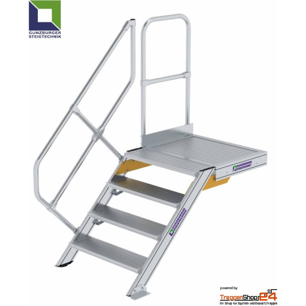 Aluminium Treppe 45° mit Podest, 4 Stufen für Höhe 75,5 bis 95,5 cm, inkl. einseitigem Geländer, Stufen geriffelt, jede Treppe ist eine Maßanfertigung.
