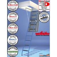 Wellhöfer Bodentreppe StahlBlau WS3D als Maßanfertigung, mit 3-teiliger Metallleiter, inkl. WärmeSchutz 3D geprüfter U-Wert 0,8 W/(m²K)für Deckenöffnung von 120 x 60 bis 160 x 100 cm, mit Deckelverstärkung, Futterkastenhöhe 25 cm, für Raumhöhen bis 298 cm.