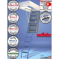 Wellhöfer Bodentreppe StahlBlau WS3D als Maßanfertigung, mit Handlauf und 3-teiliger Metallleiter, inkl. WärmeSchutz 3D geprüfter U-Wert 0,8 W/(m²K)für Deckenöffnung von 120 x 60 bis 160 x 100 cm, mit Deckelverstärkung, Futterkastenhöhe 25 cm, für Raumhöhen bis 298 cm.