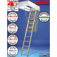 Wellhöfer Bodentreppe StahlBlau WS4D inkl. WärmeSchutz 4D, geprüfter U-Wert 0,58 W/(m²K) mit Holzleiter 3-teilig, Maßanfertigung von 115x60 bis 140x80 cm, H 25 cm, LH 237 - 257 cm.