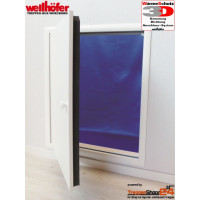 Wellhöfer Kniestocktür Maßanfertigung B30-70 x H100-120 cm, mit WS 3D WärmeSchutz 3D mit berechnetem U-Wert 0,75 W/(m²K), Tür weiß beschichtet. Wellhöfer Kniestocktüren 3D werden immer inkl. weißen Deckleisten-Stecksystem geliefert.